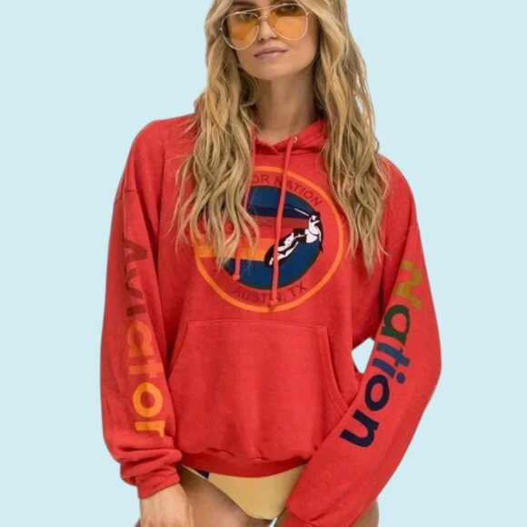 Aviator Nation Hoodie Unisex Medium Red Relaxed Pullover Long Sleeve Sweatshirt - Picture 1 of 10